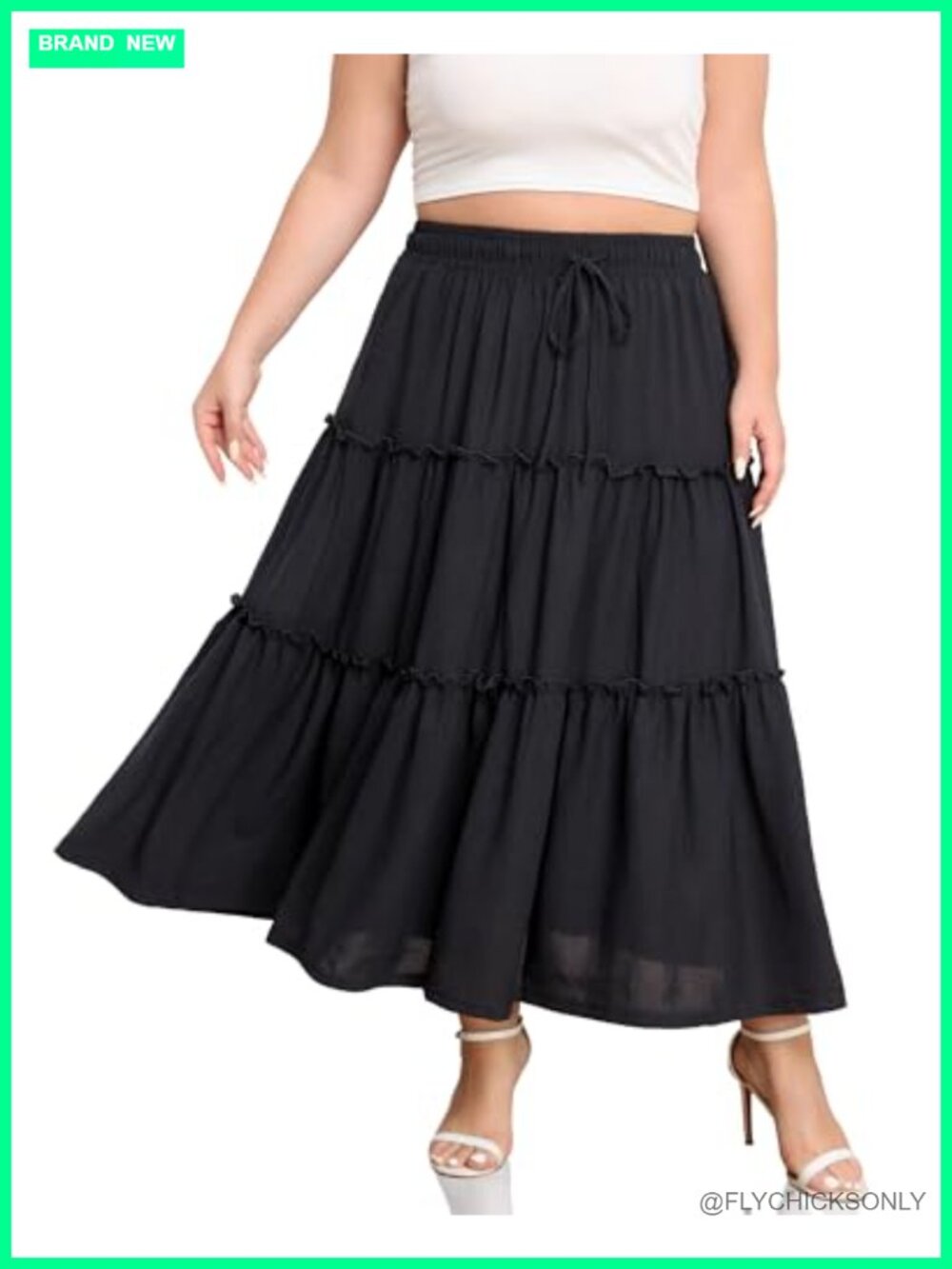 Plus Size Maxi Skirt Elastic High Waisted A-Line Tiered Long Flowy with Pockets